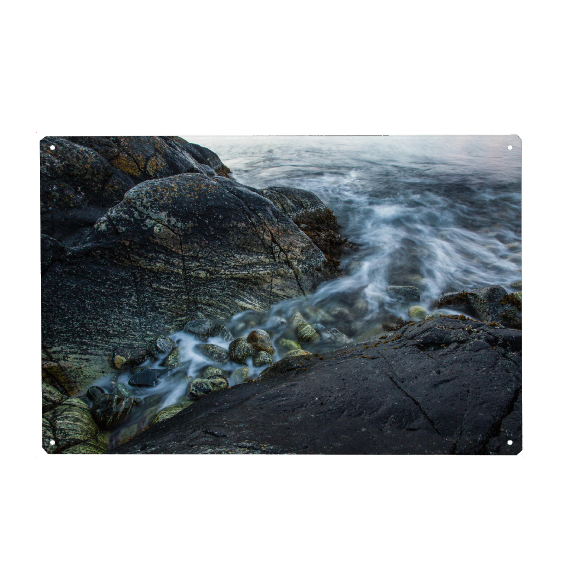 Holzbild "Fjordküste IV" artboxONE - Natur - Meer,Fjord,Wasser,Fels,Stein,Steine,Küste,Seepocken,Langzeitbelichtung,Fließen,Wellen,Norwegen