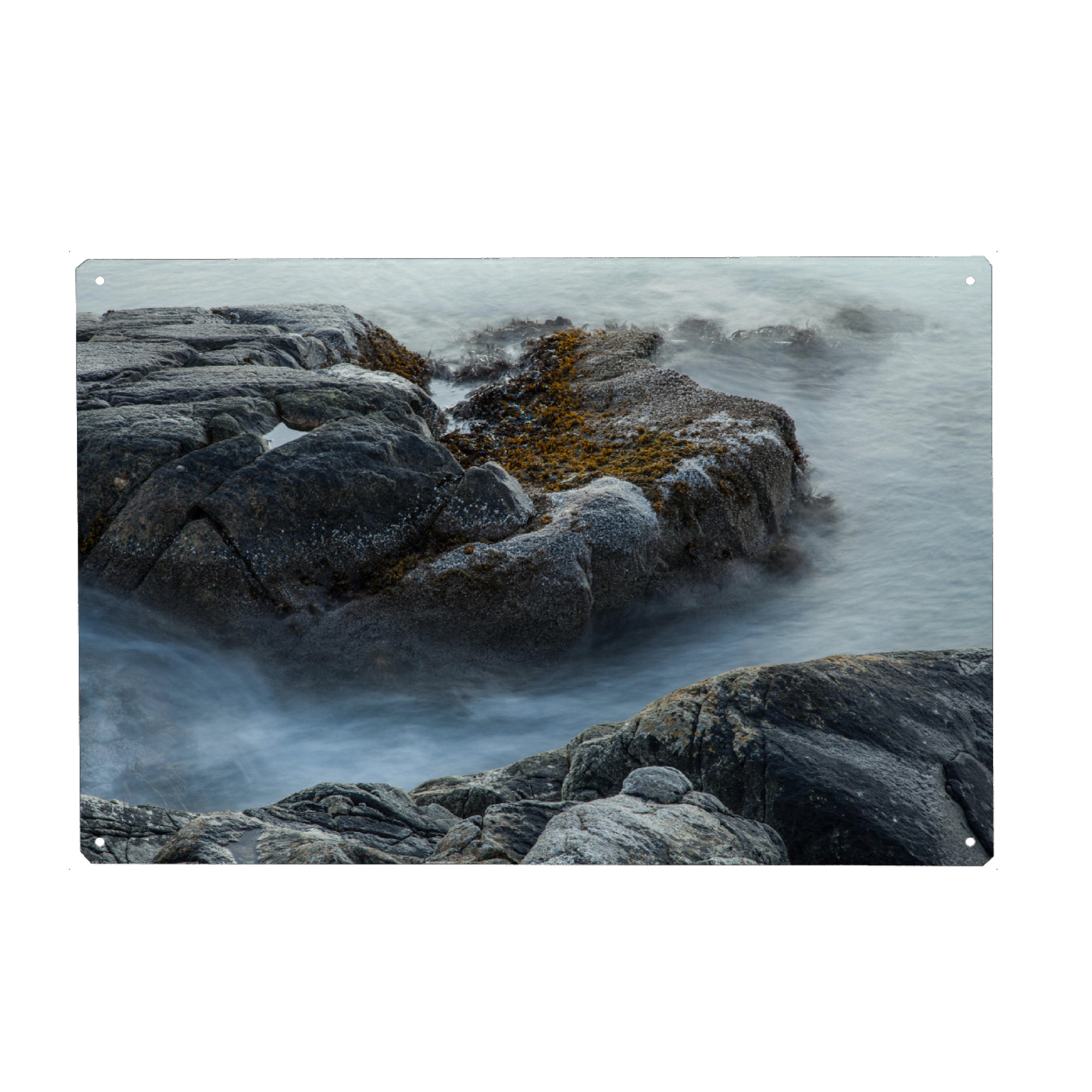 Holzbild "Fjordküste I" artboxONE - Natur - Meer,Fjord,Wasser,Fels,Stein,Küste,Seepocken,Langzeitbelichtung,Fließen,Wellen,Norwegen