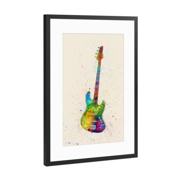 Poster mit Rahmen Schwarz (Metallic) "Electric Bass Guitar Abstract Watercolor bunt" artboxONE - Musik,Festivals