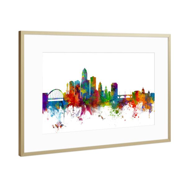 Poster mit Rahmen Gold "Des Moines Iowa Skyline" artboxONE - Städte,Reise