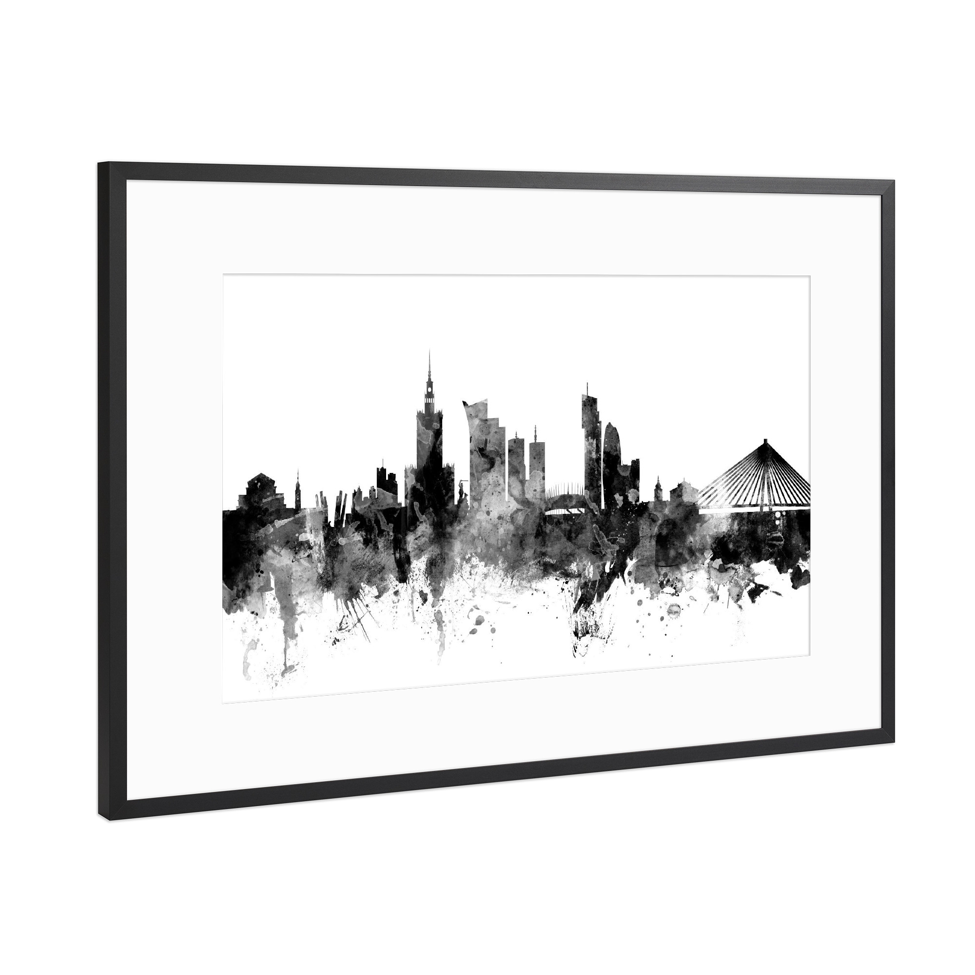 Poster mit Rahmen Schwarz (Metallic) "Warsaw Poland Skyline bw" artboxONE - Städte,Reise,Schwarzweiß