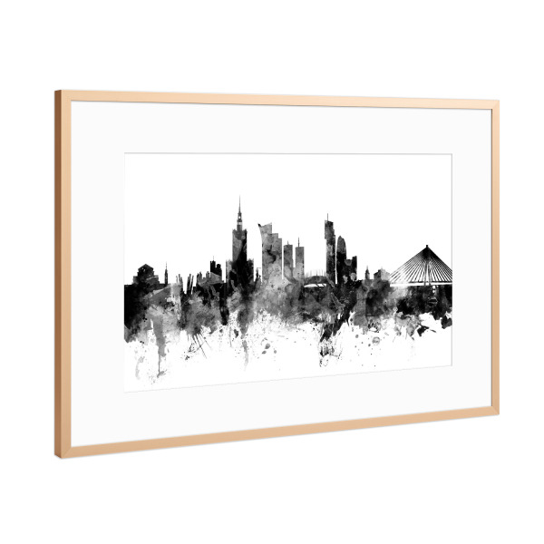 Poster mit Rahmen Kupfer "Warsaw Poland Skyline bw" artboxONE - Städte,Reise,Schwarzweiß