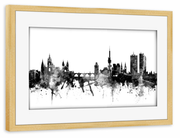 Poster mit Rahmen kiefer "Prague (Praha) Czech Republic Skyline bw" artboxONE - Städte,Reise,Schwarzweiß,Städte / Prag
