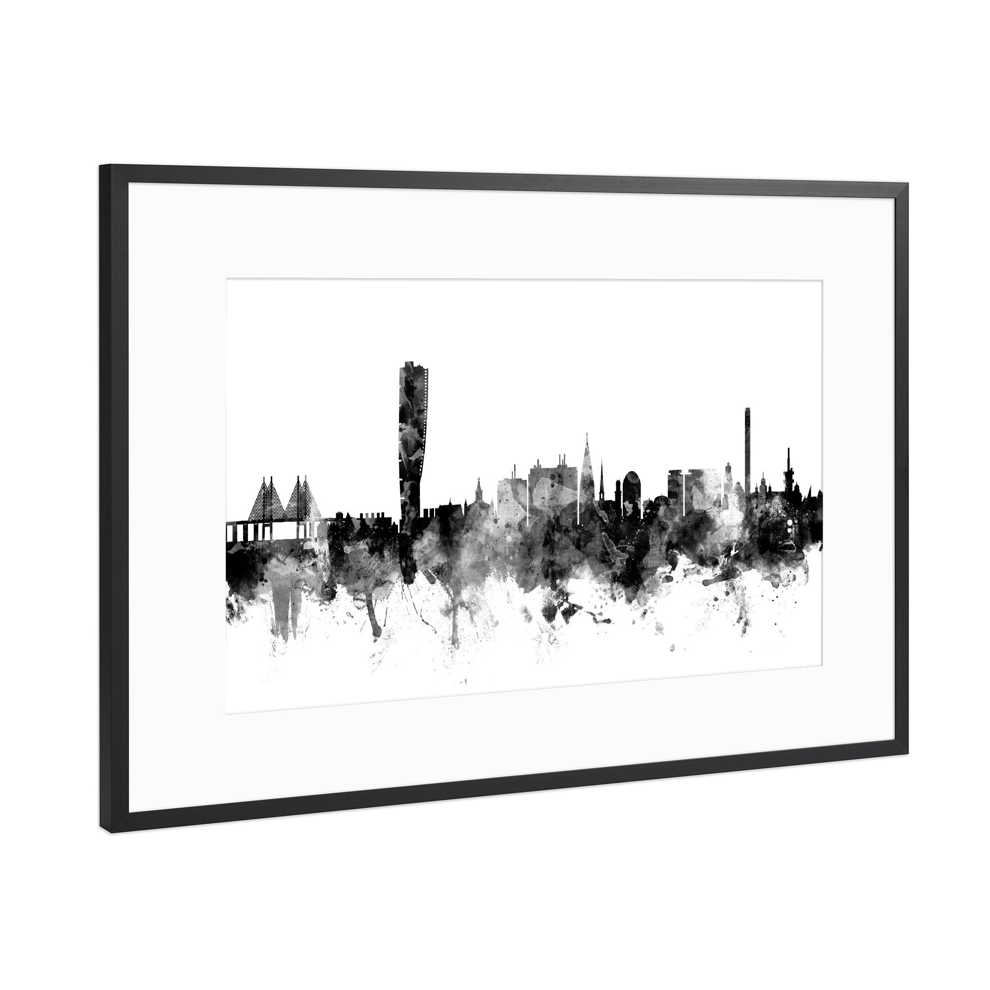 Poster mit Rahmen Schwarz (Metallic) "Malmo Sweden Skyline bw" artboxONE - Städte,Reise,Schwarzweiß
