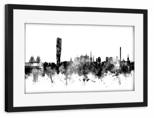 Poster mit Rahmen schwarz "Malmo Sweden Skyline bw" artboxONE - Städte,Reise,Schwarzweiß