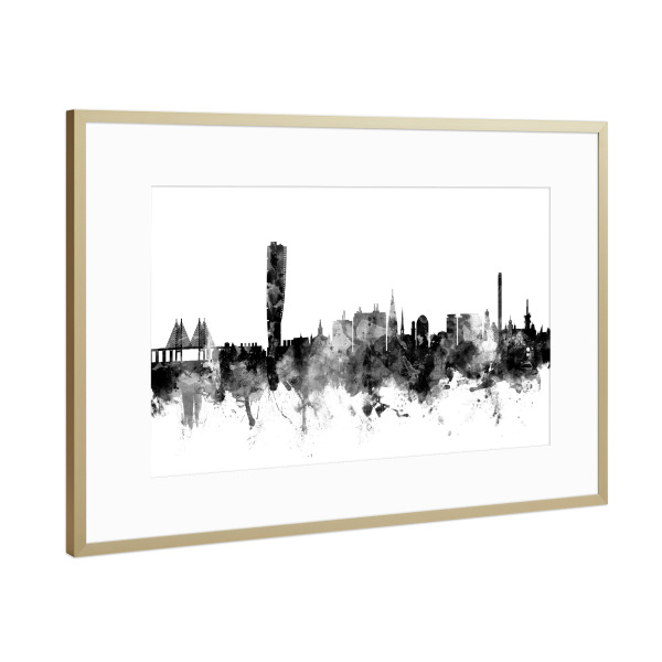 Poster mit Rahmen Gold "Malmo Sweden Skyline bw" artboxONE - Städte,Reise,Schwarzweiß