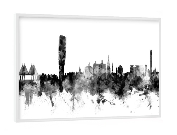 Poster mit weißem Rahmen "Malmo Sweden Skyline bw" artboxONE - Städte,Reise,Schwarzweiß
