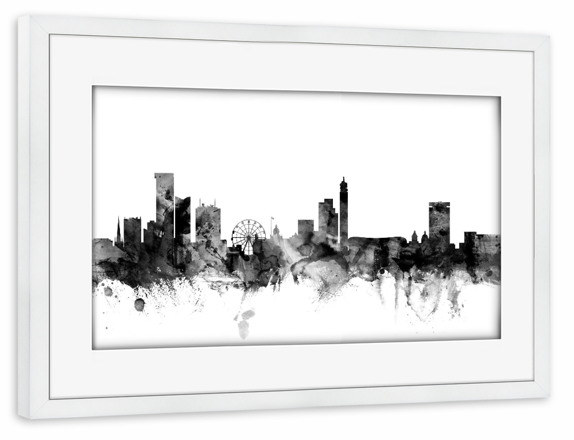 Poster mit Rahmen weiß "Birmingham England Skyline 2" artboxONE - Städte,Reise,Schwarzweiß