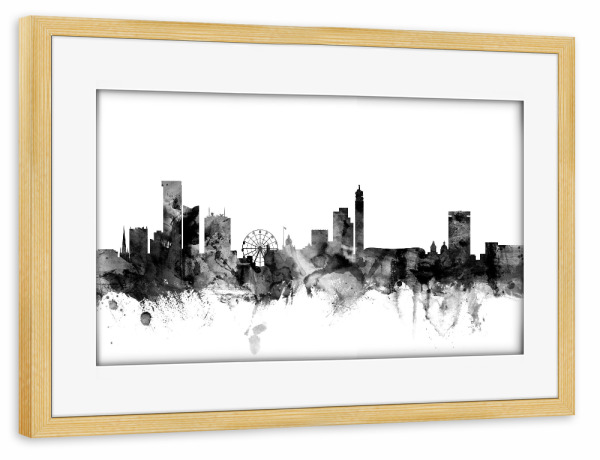 Poster mit Rahmen kiefer "Birmingham England Skyline 2" artboxONE - Städte,Reise,Schwarzweiß