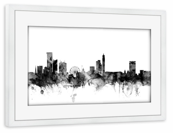 Poster mit Rahmen weiß "Birmingham England Skyline 2" artboxONE - Städte,Reise,Schwarzweiß