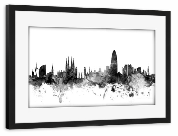 Poster mit Rahmen schwarz "Barcelona Spain Skyline" artboxONE - Städte,Reise,Schwarzweiß,Städte / Barcelona