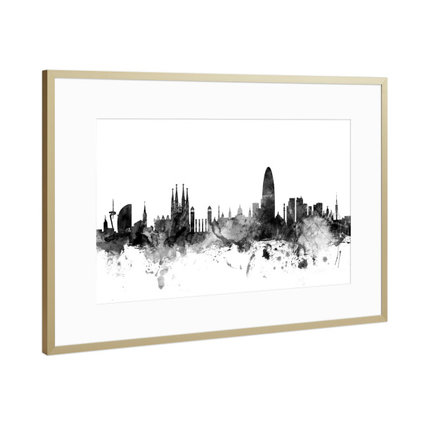 Poster mit Rahmen Gold "Barcelona Spain Skyline" artboxONE - Städte,Reise,Schwarzweiß,Städte / Barcelona