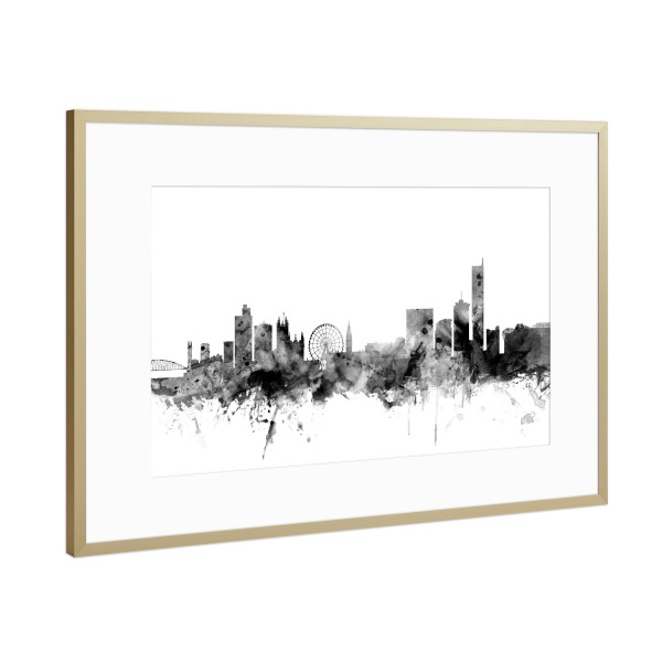 Poster mit Rahmen Gold "Manchester England Skyline 2" artboxONE - Städte,Reise,Schwarzweiß