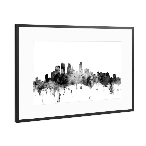Poster mit Rahmen Schwarz (Metallic) "Minneapolis Minnesota Skyline" artboxONE - Städte,Reise,Schwarzweiß