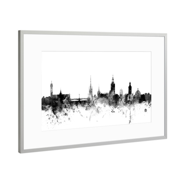 Poster mit Rahmen Silber "Stockholm Sweden Skyline" artboxONE - Städte,Reise,Schwarzweiß,Städte / Stockholm