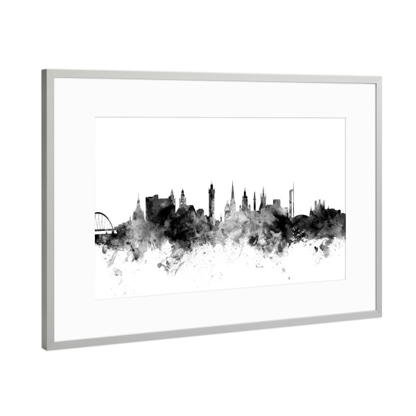 Poster mit Rahmen Silber "Glasgow Scotland Skyline 3" artboxONE - Städte,Reise,Schwarzweiß