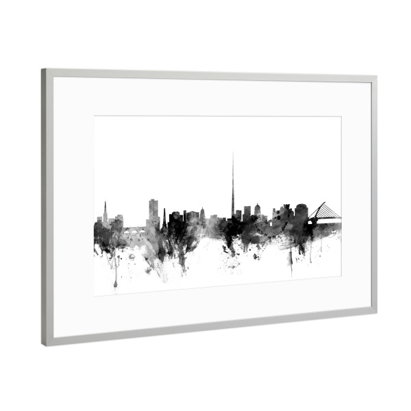 Poster mit Rahmen Silber "Dublin Ireland Skyline" artboxONE - Städte,Reise,Schwarzweiß