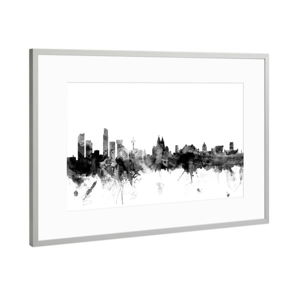 Poster mit Rahmen Silber "Liverpool England Skyline 3" artboxONE - Städte,Reise,Schwarzweiß