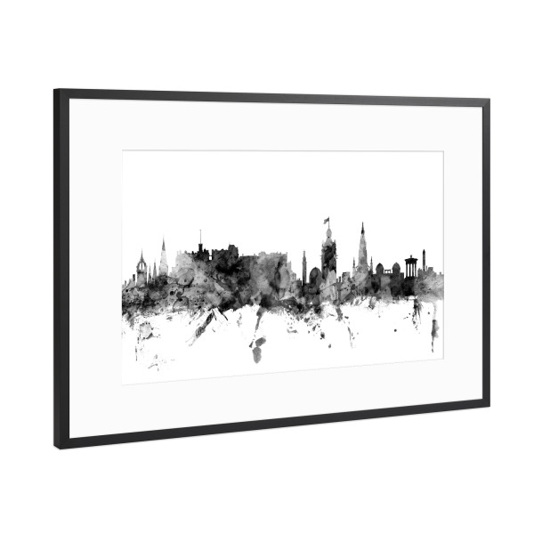Poster mit Rahmen Schwarz (Metallic) "Edinburgh Scotland Skyline bw" artboxONE - Städte,Reise,Schwarzweiß