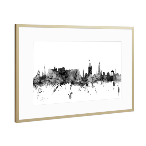 Poster mit Rahmen Gold "Edinburgh Scotland Skyline bw" artboxONE - Städte,Reise,Schwarzweiß