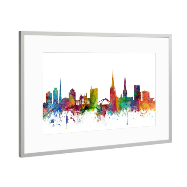 Poster mit Rahmen Silber "Coventry England Skyline" artboxONE - Städte,Reise