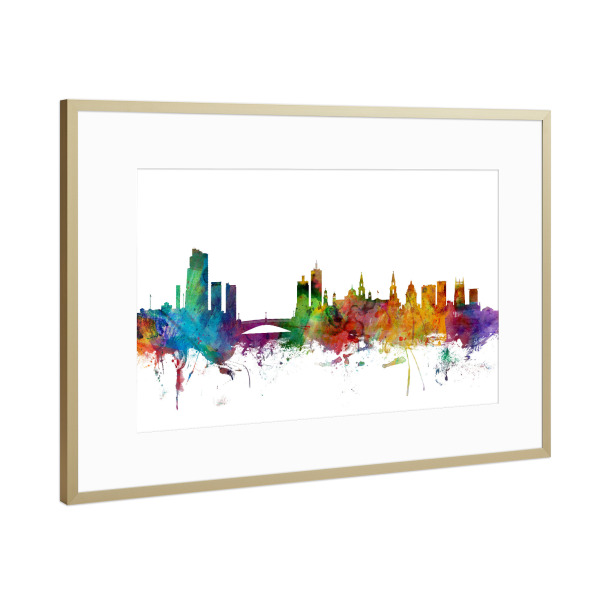 Poster mit Rahmen Gold "Leeds England Skyline" artboxONE - Städte,Reise