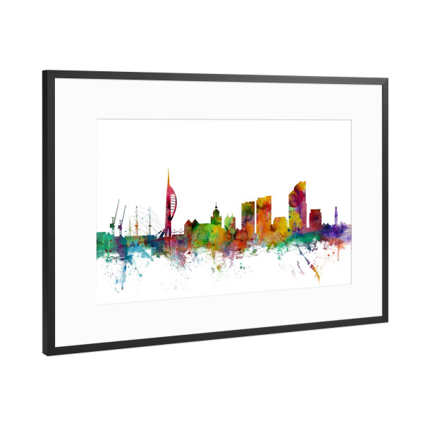 Poster mit Rahmen Schwarz (Metallic) "Portsmouth England Skyline" artboxONE - Städte,Reise