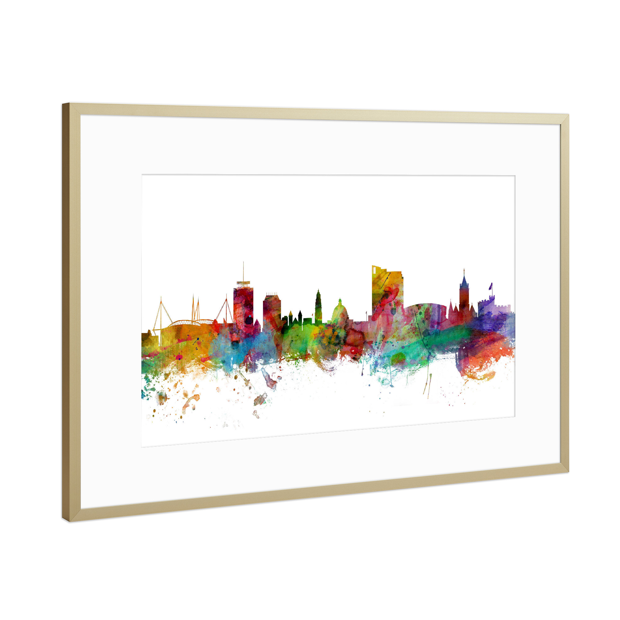 Poster mit Rahmen Gold "Cardiff Wales Skyline" artboxONE - Städte,Reise