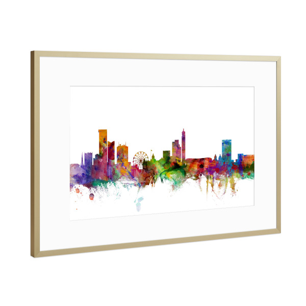 Poster mit Rahmen Gold "Birmingham England Skyline" artboxONE - Städte,Architektur