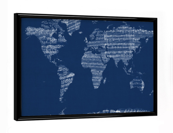 Poster mit schwarzem Rahmen "Map of the World Map from Old Sheet Music blau" artboxONE - Musik,Kartografie