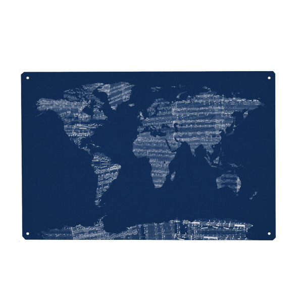 Holzbild "Map of the World Map from Old Sheet Music blau" artboxONE - Musik,Kartografie