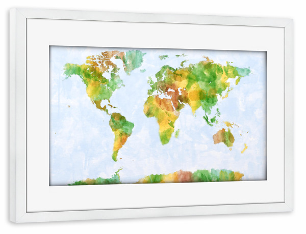 Poster mit Rahmen weiß "Map of the World Watercolour" artboxONE - Kartografie