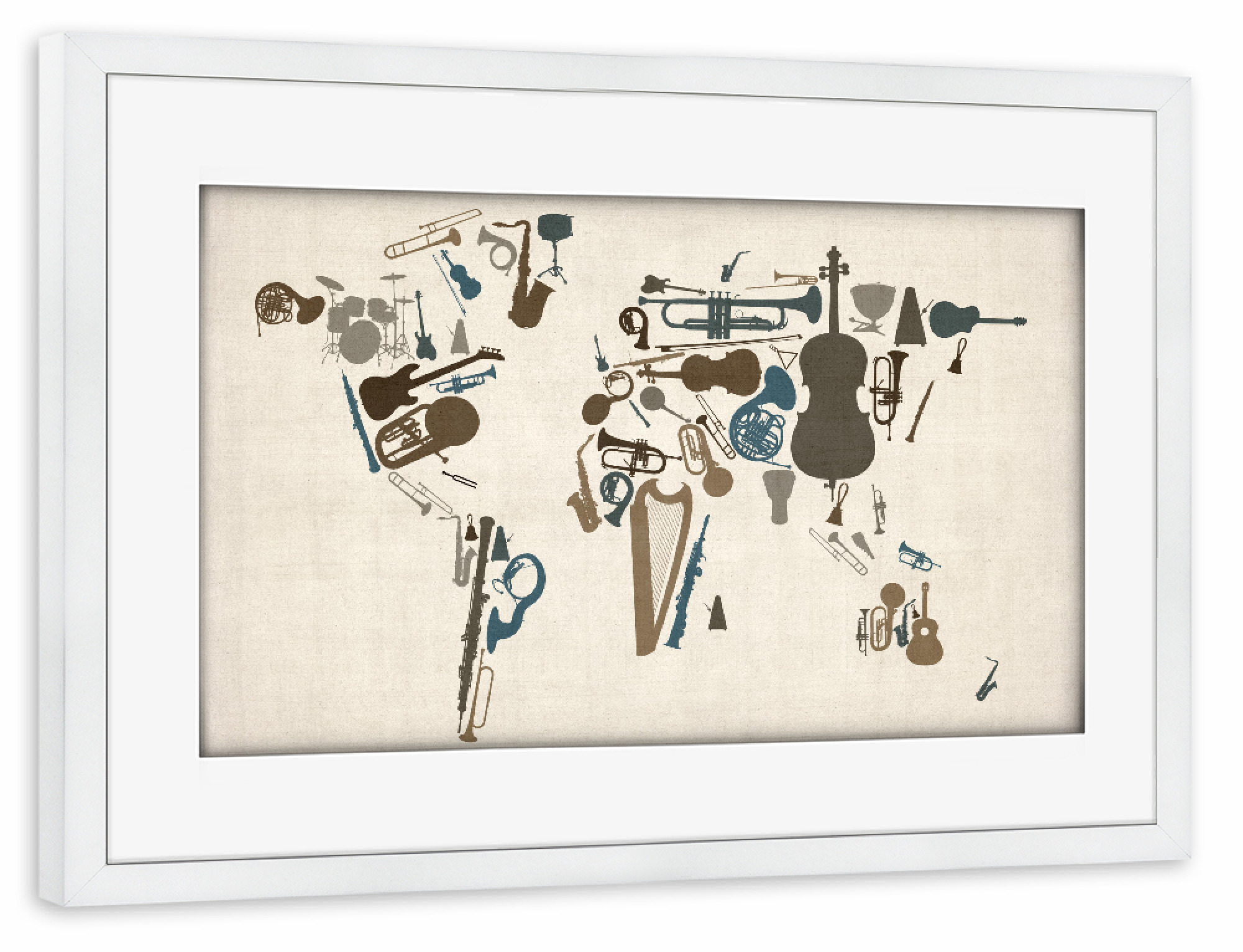 Poster mit Rahmen weiß "Musical Instruments Map of the World" artboxONE - Musik,Kartografie