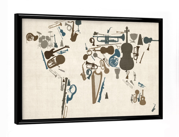 Poster mit schwarzem Rahmen "Musical Instruments Map of the World" artboxONE - Musik,Kartografie