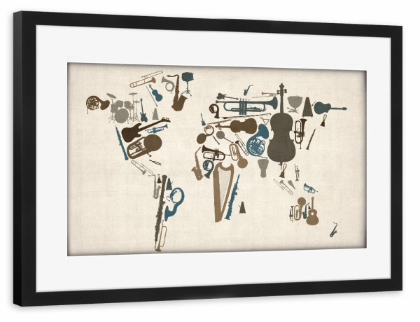 Poster mit Rahmen schwarz "Musical Instruments Map of the World" artboxONE - Musik,Kartografie