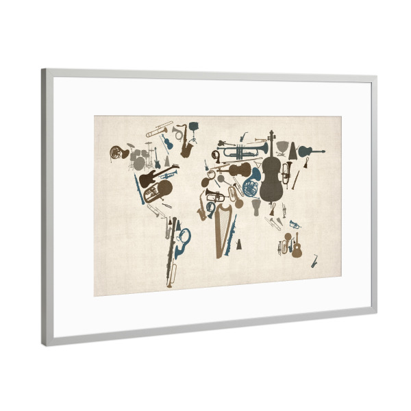 Poster mit Rahmen Silber "Musical Instruments Map of the World" artboxONE - Musik,Kartografie