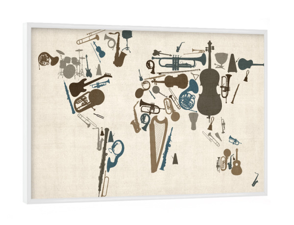 Poster mit weißem Rahmen "Musical Instruments Map of the World" artboxONE - Musik,Kartografie