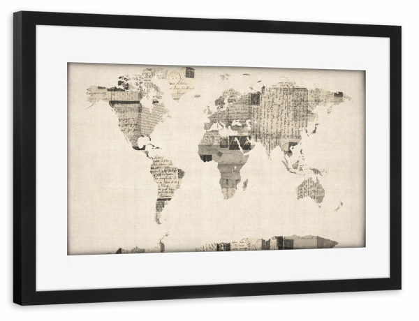 Poster mit Rahmen schwarz "Map of the World Map from Old Postcards" artboxONE - Kartografie