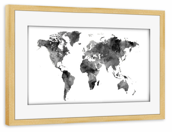 Poster mit Rahmen kiefer "Map of the World Watercolor" artboxONE - Schwarzweiß,Kartografie