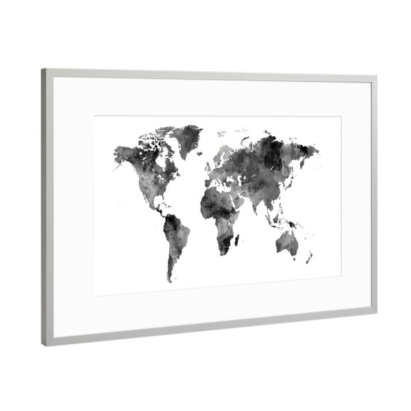 Poster mit Rahmen Silber "Map of the World Watercolor" artboxONE - Schwarzweiß,Kartografie