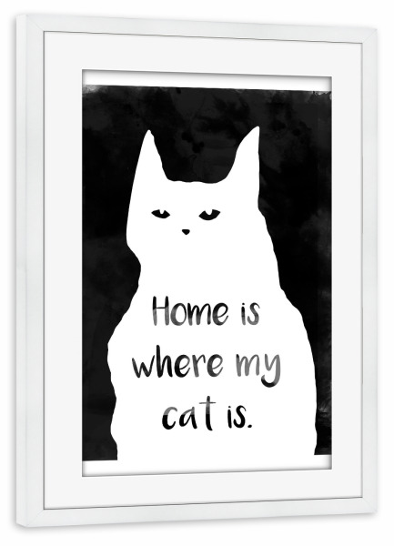 Poster mit Rahmen weiß "Where my cat is" artboxONE - Typografie,Tiere,Schwarzweiß