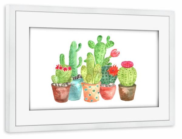 Poster mit Rahmen weiß "Cactuses Watercolor" artboxONE - Floral,Für Kinder