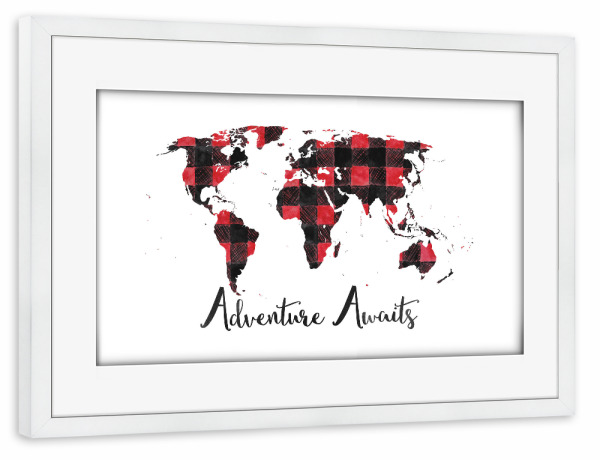 Poster mit Rahmen weiß "Adventure Awaits" artboxONE - Typografie,Kartografie