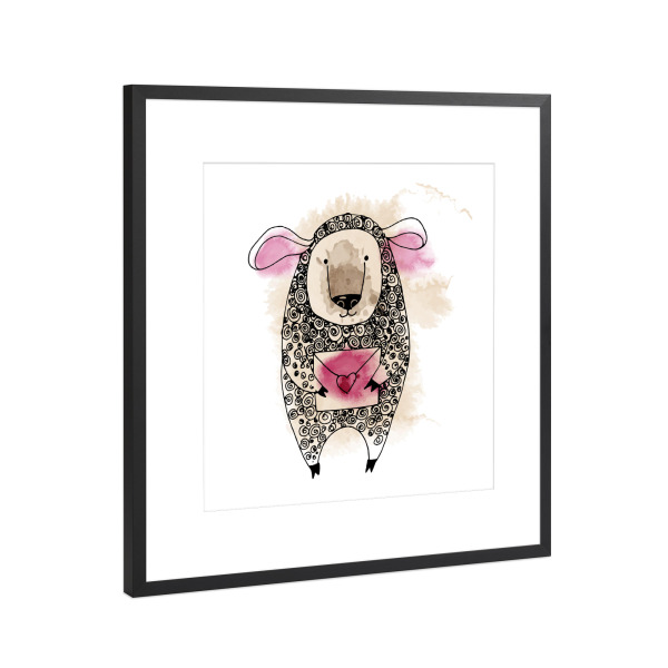 Poster mit Rahmen Schwarz (Metallic) "Schaf mit Liebesbrief" artboxONE - Für Kinder,Tiere,Liebe