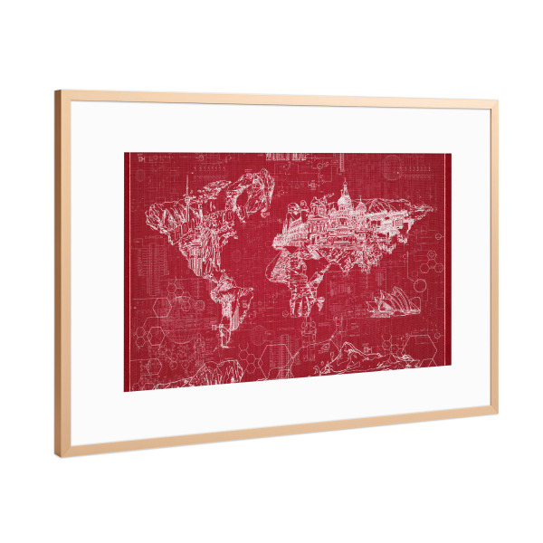 Poster mit Rahmen Kupfer "World map blueprint 5" artboxONE - Reise,Abstrakt,Architektur,Geometrie,Kartografie