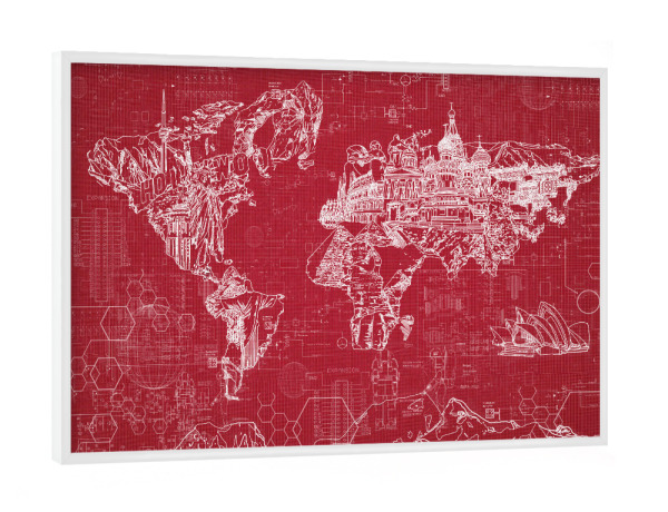 Poster mit weißem Rahmen "World map blueprint 5" artboxONE - Reise,Abstrakt,Architektur,Geometrie,Kartografie