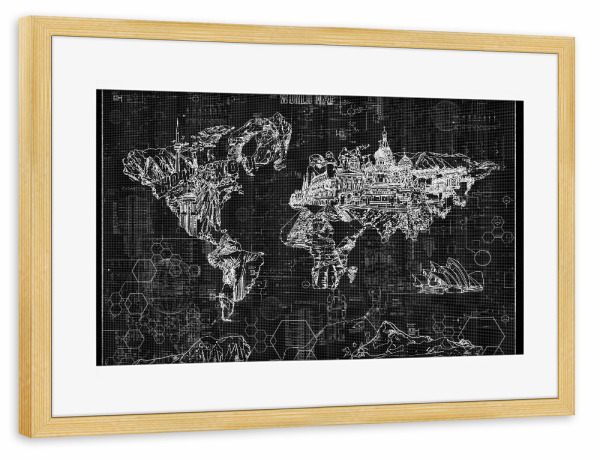 Poster mit Rahmen kiefer "World map blue print 4" artboxONE - Typografie,Reise,Abstrakt,Schwarzweiß,Architektur,Kartografie