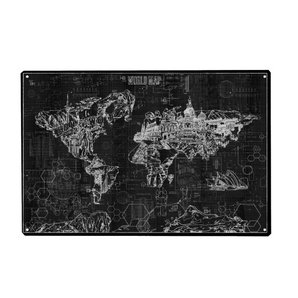 Metall Poster "World map blue print 4" artboxONE - Typografie,Reise,Abstrakt,Schwarzweiß,Architektur,Kartografie