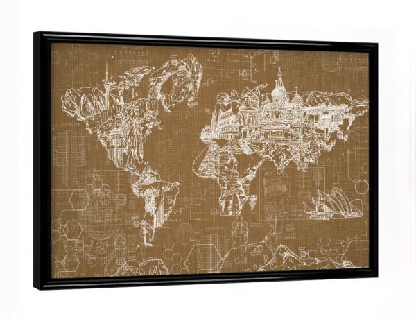 Poster mit schwarzem Rahmen "World map blueprint 1" artboxONE - Typografie,Reise,Geometrie,Kartografie