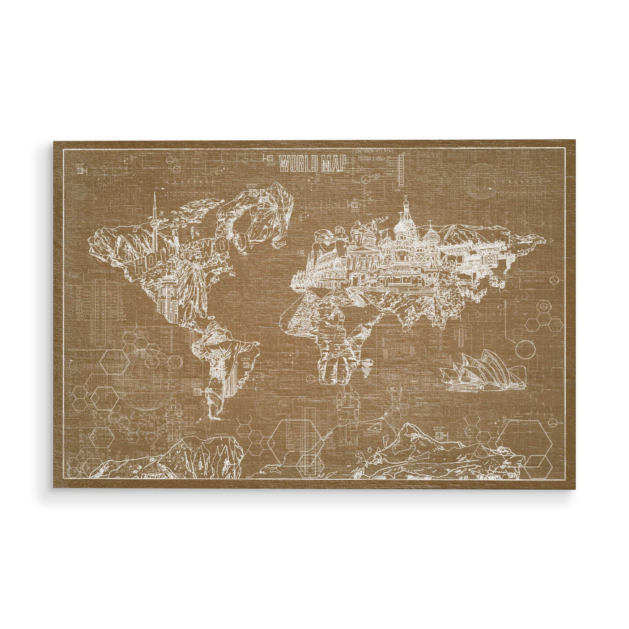 Holzbild "World map blueprint 1" artboxONE - Typografie,Reise,Geometrie,Kartografie